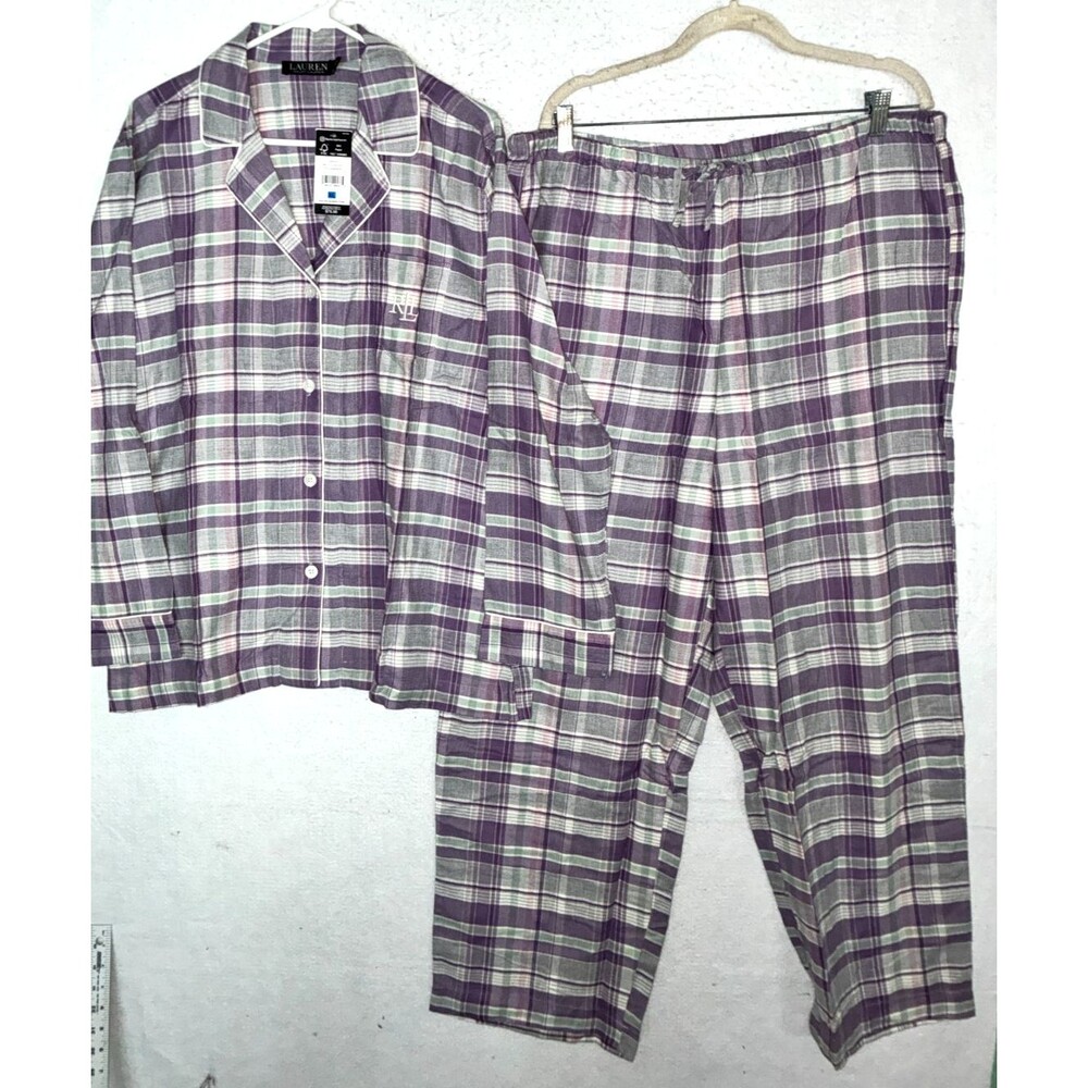 Ralph Lauren Womens Purple Plaid Cotton Flannel Pajama Set XL 2pc pants notch